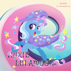 Size: 2048x2048 | Tagged: safe, artist:brella, trixie, pony, unicorn, g4, cape, clothes, female, gradient background, hat, horn, magic, mare, ribbon, solo, stars, trixie's cape, trixie's hat