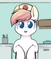 Size: 990x1155 | Tagged: safe, artist:aaathebap, nurse redheart, earth pony, pony, g4, :p, cute, doctor's office, female, hat, heartabetes, hospital, indoors, looking at you, mare, nurse, nurse hat, smiling, smiling at you, solo, tongue out