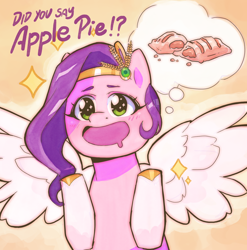 Size: 1516x1536 | Tagged: safe, artist:frank3dz, pipp petals, pegasus, pony, g5, adorapipp, anime saliva, apple, apple pie, bust, cute, dialogue, drool, female, food, mare, pie, solo, spread wings, that pony sure does love eating, thought bubble, wings