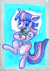 Size: 2052x2923 | Tagged: safe, artist:drawirm, smarty pants, twilight sparkle, pony, unicorn, g4, acrylic painting, cuddling, cute, female, floppy ears, horn, lying down, mare, on back, pillow, traditional art, twiabetes, unicorn twilight