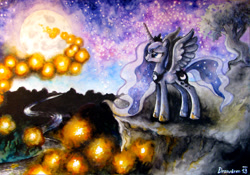 Size: 2925x2050 | Tagged: safe, artist:drawirm, princess luna, alicorn, pony, g4, cliff, female, mare, moon, solo, spread wings, traditional art, wings