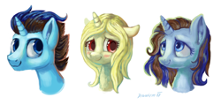 Size: 2894x1378 | Tagged: safe, artist:drawirm, oc, oc only, pony, unicorn, bust, commission, female, horn, male, mare, siblings, simple background, stallion, trio, twins, white background