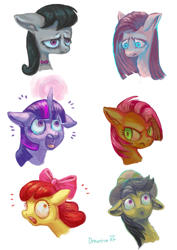 Size: 2059x2912 | Tagged: safe, artist:drawirm, apple bloom, babs seed, daring do, octavia melody, pinkie pie, twilight sparkle, earth pony, pegasus, pony, g4, bow, female, filly, foal, hair bow, hat, mare, simple background, white background