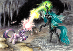 Size: 2338x1653 | Tagged: safe, artist:drawirm, queen chrysalis, twilight sparkle, changeling, changeling queen, pony, unicorn, g4, cave, duel, female, gritted teeth, horn, magic, mare, raised hoof, rearing, teeth, traditional art, unicorn twilight