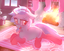 Size: 660x529 | Tagged: safe, artist:mewball, lyra heartstrings, pony, unicorn, g4, blushing, christmas, christmas stocking, clothes, female, fireplace, holiday, holly, horn, lying down, mare, mouth hold, prone, socks, solo