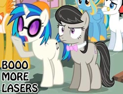 Size: 500x383 | Tagged: safe, artist:mysteryben, edit, carrot cake, dj pon-3, octavia melody, vinyl scratch, oc, oc:mysteryben, earth pony, pegasus, pony, unicorn, epic rage time, g4, caption, dialogue, duo focus, female, glasses, horn, image macro, mare, meme, open mouth, outdoors, screenshots, text