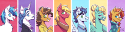 Size: 4662x1214 | Tagged: safe, artist:bkiltersot, big macintosh, cheese sandwich, fancypants, shining armor, soarin', sunburst, zephyr breeze, earth pony, pegasus, pony, unicorn, mlp fim's fourteenth anniversary, g4, horn, male, side view, stallion