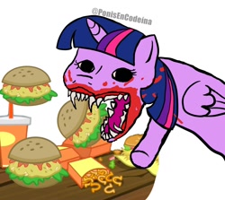 Size: 1260x1125 | Tagged: safe, artist:rsa.fim, part of a set, twilight sparkle, alicorn, pony, g4, my little pony: friendship is magic, twilight time, burger, creepy, eating, fangs, female, food, hay burger, mare, meme, messy eating, nightmare fuel, open mouth, sharp teeth, solo, teeth, twilight burgkle, twilight sparkle (alicorn), wat