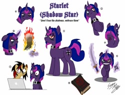 Size: 474x362 | Tagged: dead source, safe, artist:blood-asp0123, oc, oc only, oc:starlet "shadow star", pony, unicorn, annoyed, blackletter, book, burning, choker, computer, cross-popping veins, curved horn, emanata, eyeshadow, fire, heterochromia, horn, laptop computer, levitation, lidded eyes, lighter, low angle, magic, magic aura, makeup, needs more jpeg, picture for breezies, raised hoof, scroll, shrunken pupils, shuriken, signature, simple background, standing, sword, telekinesis, throwing star, undercut, unicorn oc, weapon, white background