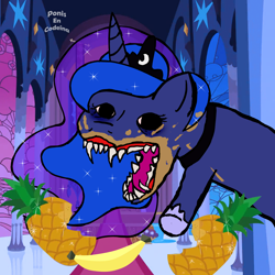 Size: 1260x1260 | Tagged: safe, artist:rsa.fim, part of a set, princess luna, alicorn, pony, a royal problem, g4, my little pony: friendship is magic, banana, creepy, eating, fangs, female, food, indoors, majestic as fuck, mare, meme, messy eating, nightmare fuel, open mouth, pineapple, sharp teeth, solo, teeth, wat