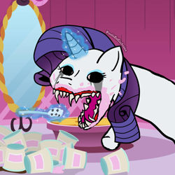 Size: 1260x1260 | Tagged: safe, artist:rsa.fim, part of a set, rarity, pony, unicorn, g4, inspiration manifestation, my little pony: friendship is magic, creepy, crying, eating, fangs, female, horn, indoors, makeup, mare, meme, messy eating, nightmare fuel, open mouth, running makeup, sharp teeth, solo, teeth, wat