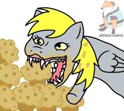 Size: 720x648 | Tagged: safe, artist:adriano suarez, part of a set, derpy hooves, pegasus, pony, g4, creepy, eating, fangs, female, food, mare, meme, messy eating, muffin, nightmare fuel, open mouth, sharp teeth, solo, teeth, wat