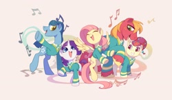 Size: 3255x1903 | Tagged: safe, artist:drtuo4, big macintosh, fluttershy, rarity, toe-tapper, torch song, earth pony, pegasus, pony, unicorn, filli vanilli, g4, clothes, cute, eyes closed, female, group, happy, horn, macabetes, male, mare, music notes, ponytones, ponytones outfit, quintet, raribetes, shyabetes, simple background, singing, smiling, stallion, sweater