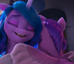 Size: 1129x986 | Tagged: safe, screencap, izzy moonbow, pipp petals, pegasus, pony, unicorn, g5, my little pony: make your mark, my little pony: make your mark chapter 2, the traditional unicorn sleep-over, cropped, crystal brighthouse, cute, duo, duo female, eyes closed, female, horn, indoors, izzybetes, mare, out of context, wings