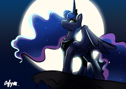 Size: 1674x1186 | Tagged: safe, artist:oofycolorful, princess luna, alicorn, pony, g4, backlighting, chest fluff, cliff, concave belly, eye clipping through hair, female, full moon, mare, moon, night, profile, sky, slender, solo, sparkles, sparkly mane, sparkly tail, spread wings, tail, thin, wings