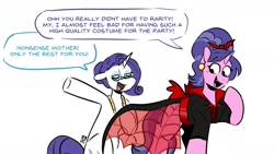 Size: 1600x900 | Tagged: safe, artist:redxbacon, cookie crumbles, rarity, bat, pony, undead, unicorn, vampire, g4, betty bouffant, clothes, costume, dialogue, duo, duo female, fangs, female, floppy ears, glasses, horn, mare, measuring tape, mother and child, mother and daughter, ponytober, ponytober 2024, rarity's glasses, simple background, speech bubble, vampire costume, white background