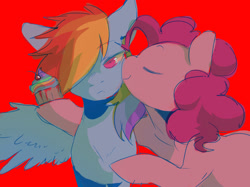 Size: 1999x1499 | Tagged: safe, artist:piesinful, pinkie pie, rainbow dash, earth pony, pegasus, pony, fanfic:cupcakes, g4, blood, cheek kiss, cupcake, duo, female, food, kissing, mare, needs more saturation, rainbow cupcake, red background, simple background, spread wings, wings