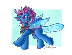 Size: 2520x1928 | Tagged: safe, artist:zwiebelprinz, oc, oc only, oc:discreet breeze, changedling, changeling, antlers, blue changeling, changedling oc, changeling ears, changeling oc, dark belly, fangs, horn, insect wings, passepartout, purple changeling, purple mane, quadrupedal, shiny wings, solo, wings