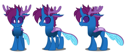 Size: 1892x816 | Tagged: safe, artist:flash equestria photography, oc, oc only, oc:discreet breeze, changedling, changeling, antlers, blue changeling, changedling oc, changeling ears, changeling horn, changeling oc, changeling wings, fangs, horn, purple changeling, purple eyes, purple mane, reference, shell, shiny wings, simple background, solo, turnaround, white background, wings