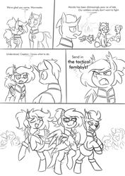 Size: 3000x4242 | Tagged: safe, artist:moonatik, oc, oc only, oc:carte blanche, oc:laurits rutger, oc:moonatik, oc:selenite, unnamed oc, bat pony, deer, pegasus, pony, unicorn, bat pony oc, clothes, crossdressing, deer oc, female, femboy, hair bun, hoodie, horn, male, mare, military uniform, monochrome, non-pony oc, pegasus oc, ponytail, sketch, skirt, socks, stallion, tail, tail bun, unicorn oc, uniform