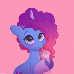 Size: 2480x2480 | Tagged: safe, artist:starburstuwu, misty brightdawn, pony, unicorn, g5, blushing, cute, daaaaaaaaaaaw, drink, drinking, drinking straw, female, heart, high res, hnnng, hoof hold, horn, iced coffee, looking at you, mare, mistybetes, pink background, rebirth misty, simple background, solo, starburstuwu is trying to murder us, weapons-grade cute