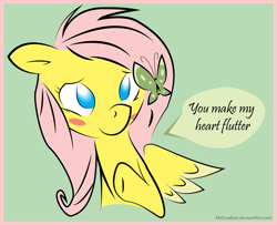 Size: 1575x1280 | Tagged: safe, artist:mrquallzin, artist:swiftcutter, fluttershy, pegasus, pony, g4, blush sticker, blushing, butterfly hairpin, cute, dialogue, female, hair ornament, mare, no pupils, passepartout, shyabetes, solo, speech bubble, text