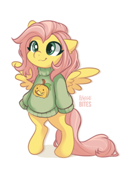 Size: 1610x2126 | Tagged: safe, artist:abyssalbites, fluttershy, pegasus, semi-anthro, g4, alternate hairstyle, clothes, cute, female, halloween, holiday, jack-o-lantern, mare, pumpkin, shyabetes, simple background, smiling, solo, spread wings, sweater, sweatershy, white background, wings