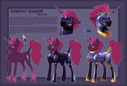 Size: 5940x4050 | Tagged: safe, artist:parrpitched, oc, oc only, oc:tempest shadow(prisoners of the moon), unicorn, alternate universe, broken horn, clothes, fireheart76's latex suit design, fixed horn, gloves, horn, latex, latex gloves, latex suit, prisoners of the moon, reference sheet, rubber, rubber suit, unicorn oc