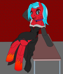 Size: 1763x2090 | Tagged: safe, artist:timejumper, oc, oc only, oc:o-5, oc:serena, earth pony, robot, robot pony, anthro, unguligrade anthro, arm hooves, breasts, clothes, collar, commission, dress, evening gloves, female, flirting, gloves, long gloves, looking at you, solo, table