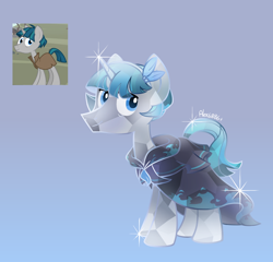 Size: 1126x1080 | Tagged: safe, artist:alex6886, stygian, crystal pony, pony, unicorn, g4, blue eyes, blue hair, cloak, clothes, crystallized, gradient background, gray coat, horn, male, screencap reference, solo, stallion