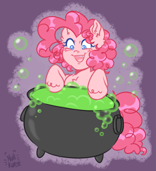 Size: 1865x2048 | Tagged: safe, artist:nullkunst, pinkie pie, earth pony, pony, g4, blush scribble, blushing, bubble, cauldron, chest fluff, colored pupils, ear fluff, female, hoof fluff, mare, open mouth, open smile, smiling, solo