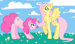 Size: 828x489 | Tagged: safe, artist:p2iimon, fluttershy, pinkie pie, earth pony, pegasus, pony, g4, concave belly, duo, duo female, female, long legs, outdoors, physique difference, tall, thin