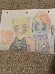 Size: 3024x4032 | Tagged: safe, artist:mvandybrony2k12, applejack, rainbow dash, timber wolf, g4, american football, anthony edwards, basketball, duo, duo female, female, football, justin jefferson, lined paper, nba, nfl, sports, traditional art, vikings