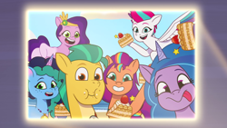 Size: 1920x1080 | Tagged: safe, screencap, hitch trailblazer, izzy moonbow, misty brightdawn, pipp petals, sunny starscout, zipp storm, earth pony, pegasus, pony, unicorn, g5, misty moves in, my little pony: tell your tale, spoiler:g5, spoiler:my little pony: tell your tale, spoiler:tyts01e65, :p, beach, cake, crystal brighthouse, cute, eating, female, flying, food, grin, horn, indoors, izzy is best facemaker, izzybetes, male, mane five, mane six (g5), mare, messy eating, open mouth, open smile, projector, royal sisters (g5), siblings, silly, silly pony, sisters, smiling, spread wings, stallion, sunnybetes, tongue out, wings