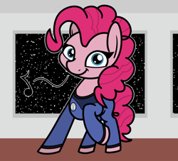 Size: 2048x1856 | Tagged: safe, artist:ewoudcponies, part of a set, pinkie pie, earth pony, pony, g4, clothes, female, looking at you, mare, music notes, raised hoof, smiling, smiling at you, solo, space, spaceship, uniform