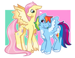 Size: 1012x789 | Tagged: safe, artist:p2iimon, fluttershy, rainbow dash, pegasus, pony, g4, concave belly, duo, duo female, female, height difference, lesbian, long legs, mare, passepartout, physique difference, ship:flutterdash, shipping, smoldash, tall, tallershy, thin, unshorn fetlocks