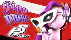 Size: 1920x1080 | Tagged: safe, artist:pika-robo, pipp petals, pegasus, pony, series:pipp plays, g4, g5, 3d, fake thumbnail, female, g5 to g4, gamer pipp, gaming headset, generation leap, headset, hoof hold, joker (persona), let's play, looking at you, mare, mask, one eye closed, persona, persona 5, smiling, solo, source filmmaker, wink, winking at you, youtube thumbnail