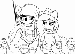 Size: 3400x2456 | Tagged: safe, artist:pabbley, oc, oc only, oc:recce, cyborg, earth pony, pony, armor, artificial hands, big mare, bipedal, black and white, cigarette, clothes, combat armor, combat knife, female, goggles, grayscale, hat, knee pads, knife, lab coat, looking at each other, looking at someone, mare, monochrome, safety goggles, simple background, size difference, smoking, soldier, tactical vest, technician, thighs, white background