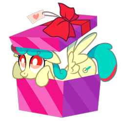 Size: 1394x1392 | Tagged: safe, artist:lydia, oc, oc only, oc:compass aisle, pegasus, pony, box, commission, female, mare, no pupils, pony in a box, present, simple background, solo, transparent background