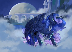 Size: 2067x1502 | Tagged: safe, artist:rowankitten, princess luna, alicorn, pony, g4, crown, curly mane, ethereal mane, female, fog, full moon, hoof shoes, jewelry, looking at you, mare, moon, night, peytral, princess shoes, raised hoof, regalia, smiling, solo, spread wings, standing, starry sky, wings