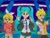 Size: 1901x1429 | Tagged: safe, artist:diablo rojo, human, equestria girls, g4, barely eqg related, barely pony related, bow, concert, equestria girls-ified, female, hair bow, hatsune miku, kagamine len, kagamine rin, male, microphone, obtrusive watermark, pigtails, singing, stage, traditional art, twintails, vocaloid, watermark