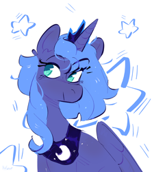 Size: 2400x2700 | Tagged: safe, artist:pakmur, princess luna, alicorn, g4, abstract background, blue hair, bust, cute, female, jewelry, portrait, simple background, solo, white background