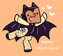 Size: 900x800 | Tagged: safe, artist:paperbagpony, oc, oc only, oc:paper bag, clothes, costume, fake cutie mark, fake wings, fangs, fishnet clothing, fishnet stockings, halloween, halloween costume, leotard, solo, stockings, thigh highs