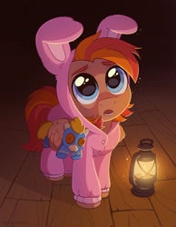 Size: 1592x2048 | Tagged: safe, artist:skysorbett, oc, oc only, oc:coma, pegasus, pony, animal costume, big eyes, bunny costume, bunny ears, clothes, colt, costume, cute, doll, foal, indoors, kigurumi, lamp, lantern, male, onesie, open mouth, pajamas, pegasus oc, solo, toy, wing hold, wings