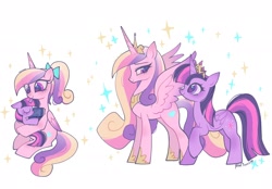 Size: 2048x1428 | Tagged: dead source, safe, artist:petaltwinkle, princess cadance, twilight sparkle, alicorn, pony, unicorn, g4, age progression, crown, duo, duo female, fanart, female, filly, filly twilight sparkle, height difference, jewelry, new crown, older, regalia, teen princess cadance, twilight sparkle (alicorn), unicorn twilight, younger