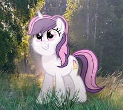 Size: 1280x1150 | Tagged: safe, anonymous artist, oc, oc only, oc:sweetieck dreams, pony, unicorn, g4, colored hooves, cute, eyelashes, female, filly, flower, foal, hooves, horn, mare, not sweetie belle, orange eyes, outdoors, smiling, solo, tail, two toned mane, two toned tail, unicorn horn