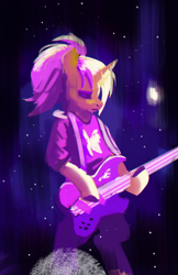 Size: 1500x2312 | Tagged: safe, artist:hierozaki, oc, oc only, unicorn, semi-anthro, commission, dexterous hooves, electric guitar, eyes closed, guitar, horn, musical instrument, ponytail, solo, space