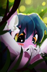 Size: 1500x2312 | Tagged: safe, artist:hierozaki, oc, oc only, pony, blush sticker, blushing, commission, forest, grass, nature, outdoors, solo, tree