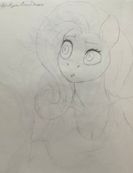 Size: 1574x2048 | Tagged: safe, artist:ryanmandraws, fluttershy, pegasus, anthro, g4, big breasts, breasts, bust, busty fluttershy, cleavage, eyebrows, female, grayscale, looking offscreen, mare, monochrome, pencil drawing, raised eyebrow, signature, solo, traditional art