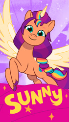 Size: 2700x4800 | Tagged: safe, sunny starscout, alicorn, pony, g5, my little pony: tell your tale, official, abstract background, artificial horn, artificial wings, augmented, colored, female, g5 brand assets, horn, magic, magic horn, magic wings, mane stripe sunny, mare, race swap, slender, solo, spread wings, sunnycorn, thin, unshorn fetlocks, wings